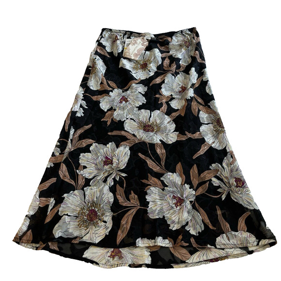 NWT B.O.G Collective Midi Skirt Black Floral Slinky Fairy Whimsigoth M - Picture 1 of 6